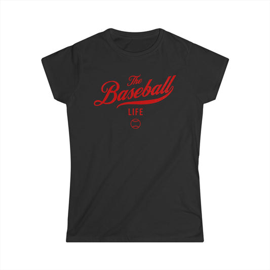A women's black cap-sleeve crewneck t-shirt with a red logo graphic on the front reading 'The Baseball Life' and a small baseball icon, displayed on a solid white background.