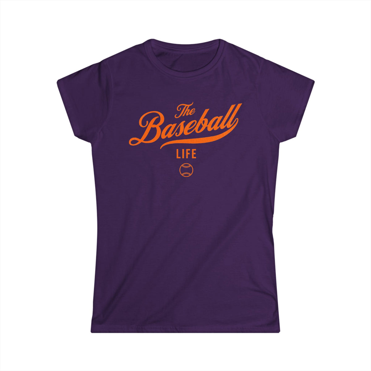 A women's purple cap-sleeve t-shirt with an orange The Baseball Life logo printed across the chest.
