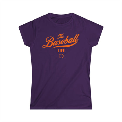A women's purple cap-sleeve t-shirt with an orange The Baseball Life logo printed across the chest.
