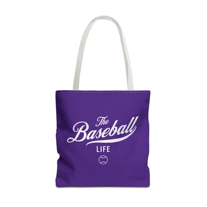 The Baseball Life Tote Bag_Purple w White Print