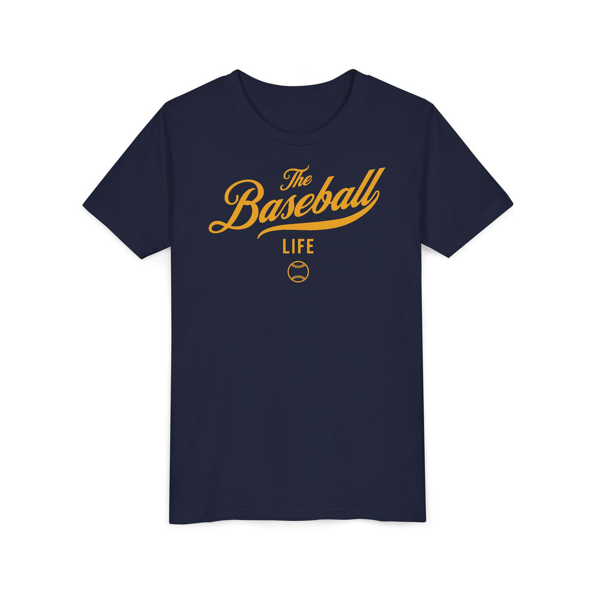 The front view of a navy t-shirt with The Baseball Life across the chest.