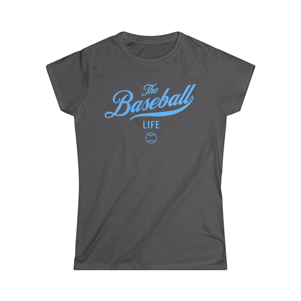 A women's charcoal gray cap-sleeve crewneck t-shirt with a Carolina Blue logo graphic on the front reading 'The Baseball Life' and a small baseball icon, displayed on a solid white background.