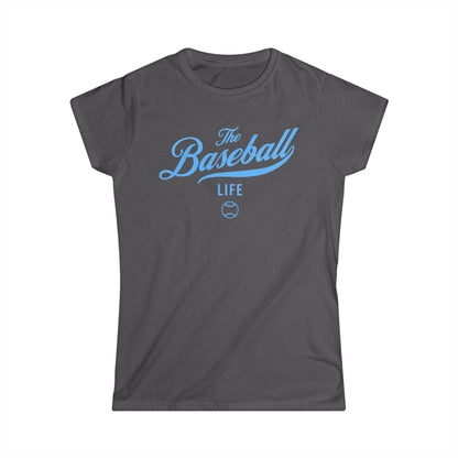 A women's charcoal gray cap-sleeve crewneck t-shirt with a Carolina Blue logo graphic on the front reading 'The Baseball Life' and a small baseball icon, displayed on a solid white background.