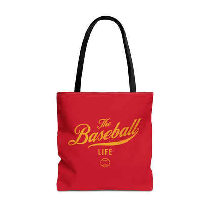 The Baseball Life Tote Bag_Red w Yellow Gold Print