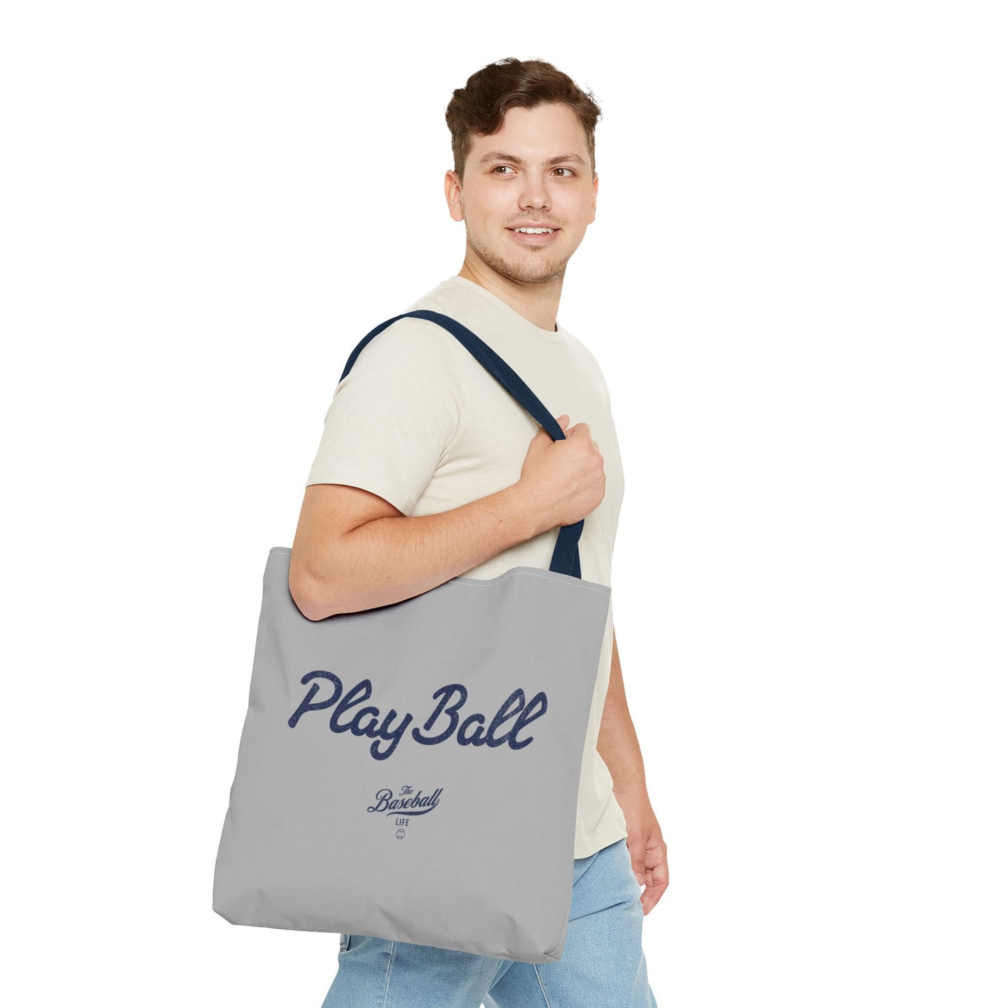 Play Ball Tote Bag_Light Gray with Navy Print