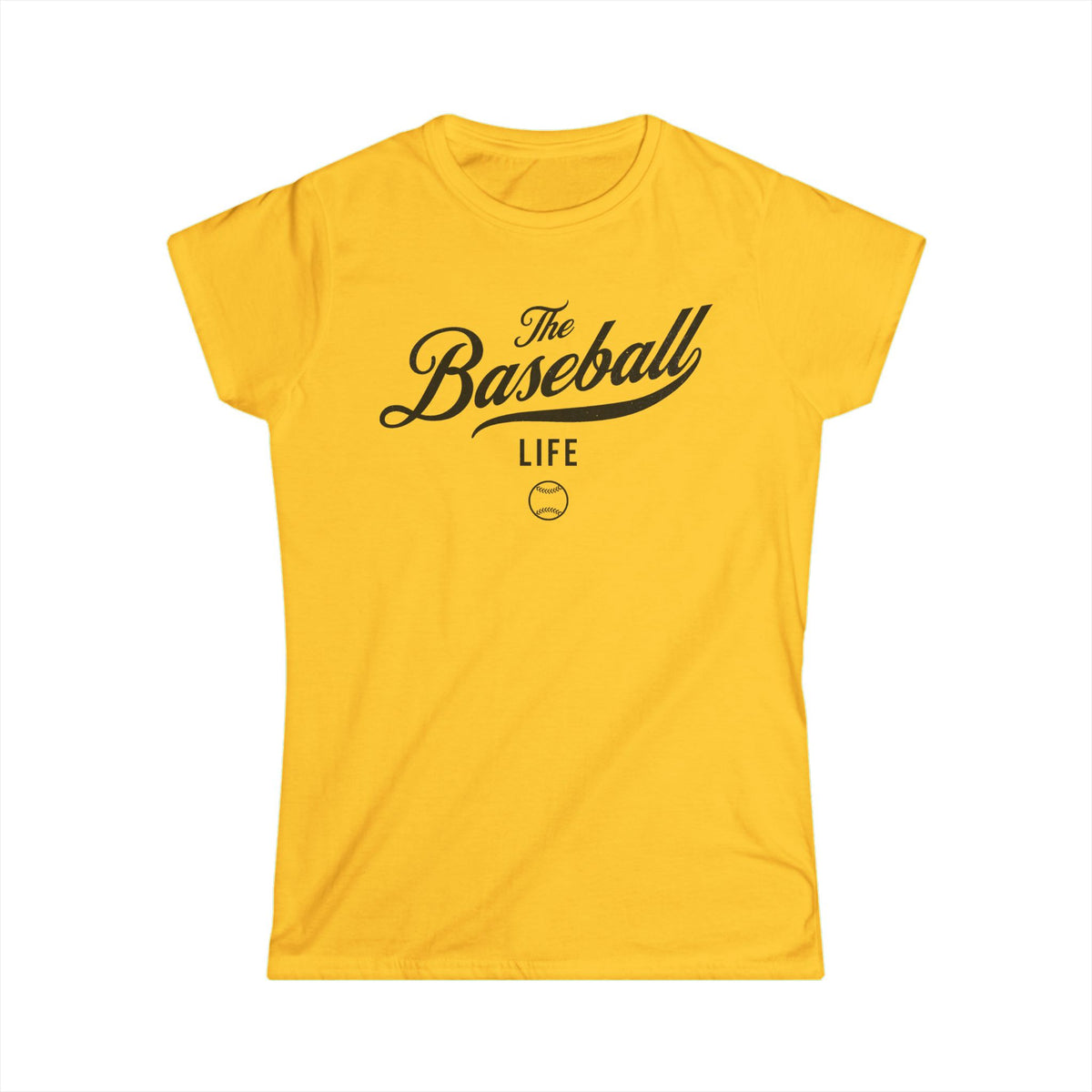 A women's daisy yellow cap-sleeve t-shirt with a black The Baseball Life logo printed across the chest.