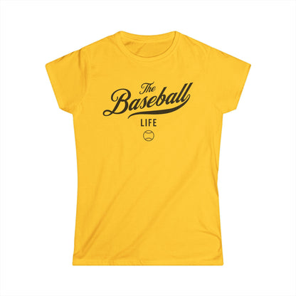 A women's daisy yellow cap-sleeve t-shirt with a black The Baseball Life logo printed across the chest.