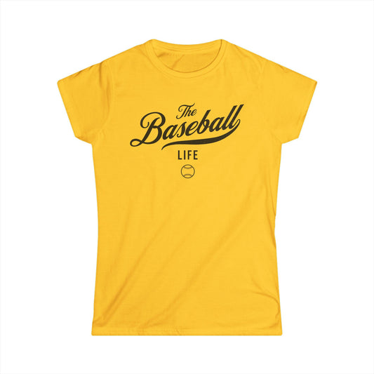 A women's daisy yellow cap-sleeve t-shirt with a black The Baseball Life logo printed across the chest.