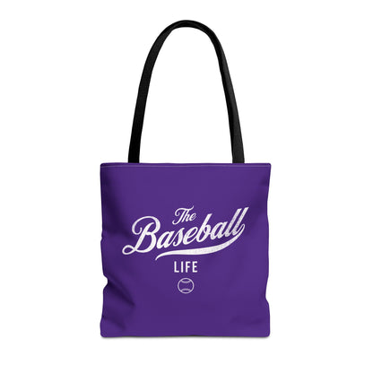 The Baseball Life Tote Bag_Purple w White Print
