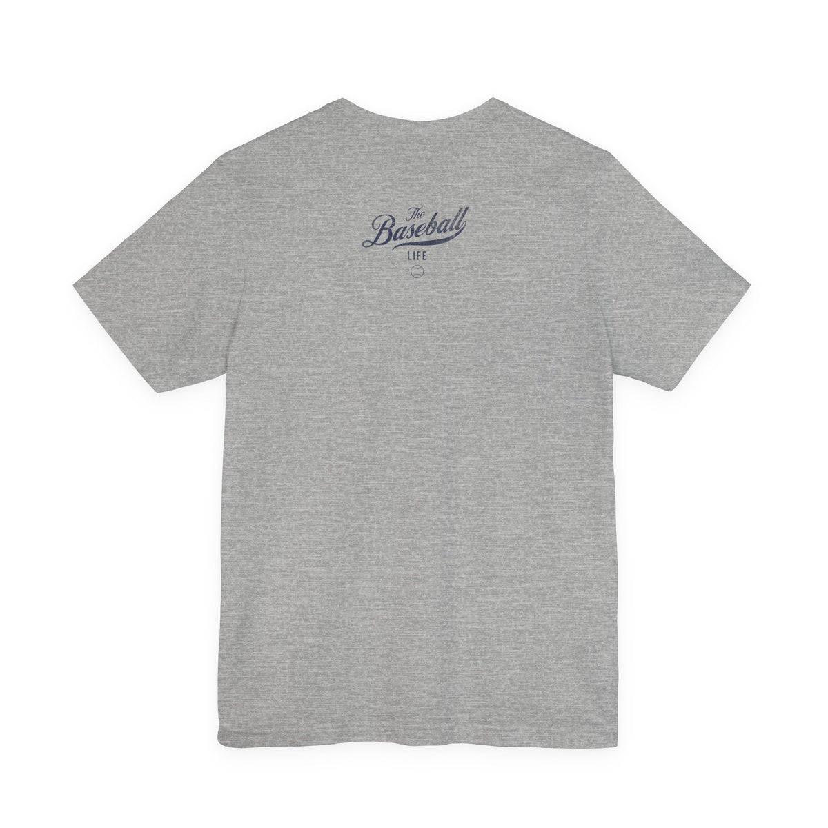 An athletic heather grey t-shirt shown from the back featuring The Baseball Life logo.