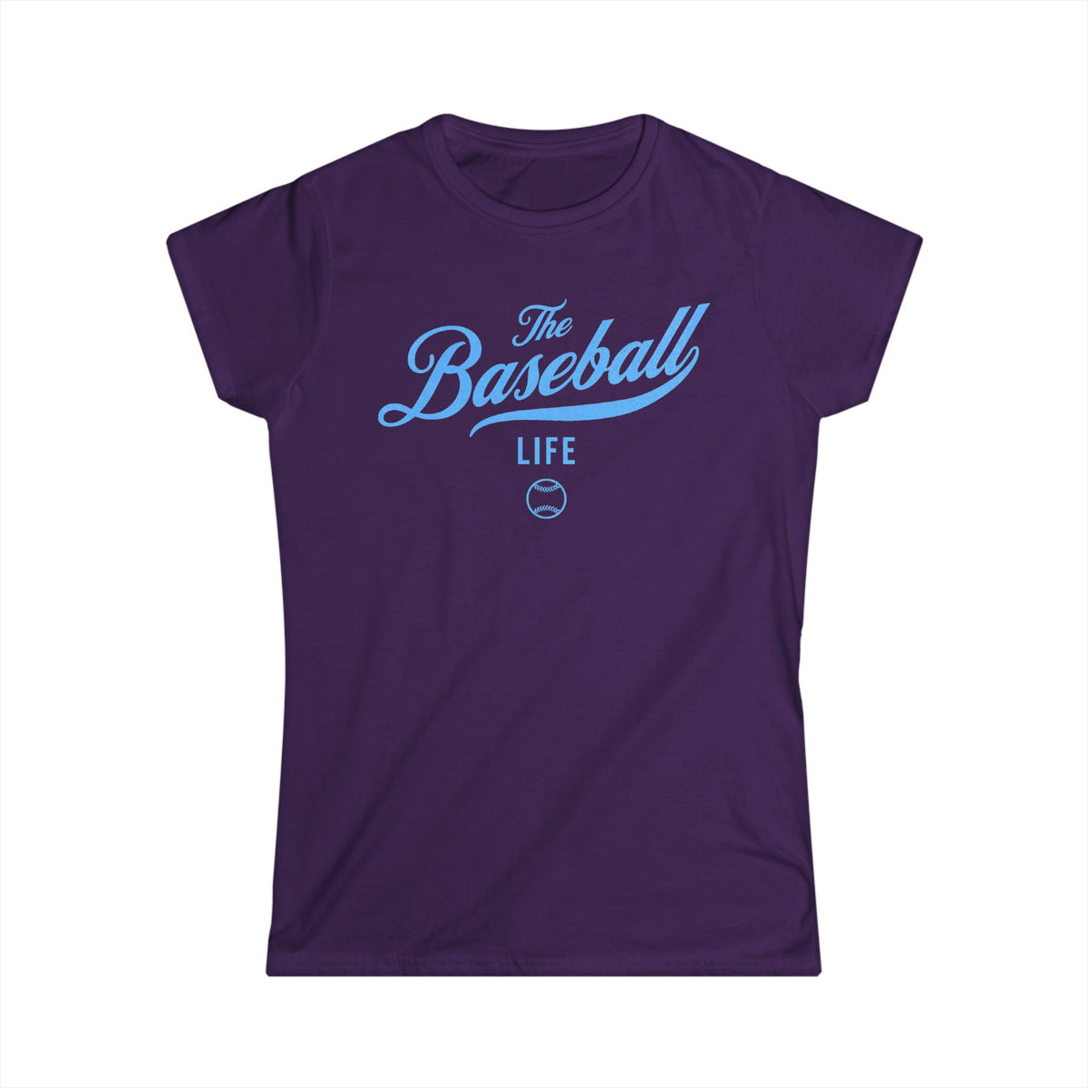 A women's purple cap-sleeve crewneck t-shirt with a Carolina Blue logo graphic on the front reading 'The Baseball Life' and a small baseball icon, displayed on a solid white background.