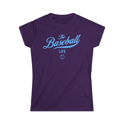 A women's purple cap-sleeve crewneck t-shirt with a Carolina Blue logo graphic on the front reading 'The Baseball Life' and a small baseball icon, displayed on a solid white background.