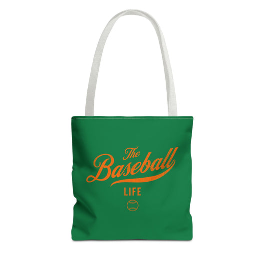 The Baseball Life Tote Bag_Green w Orange Print