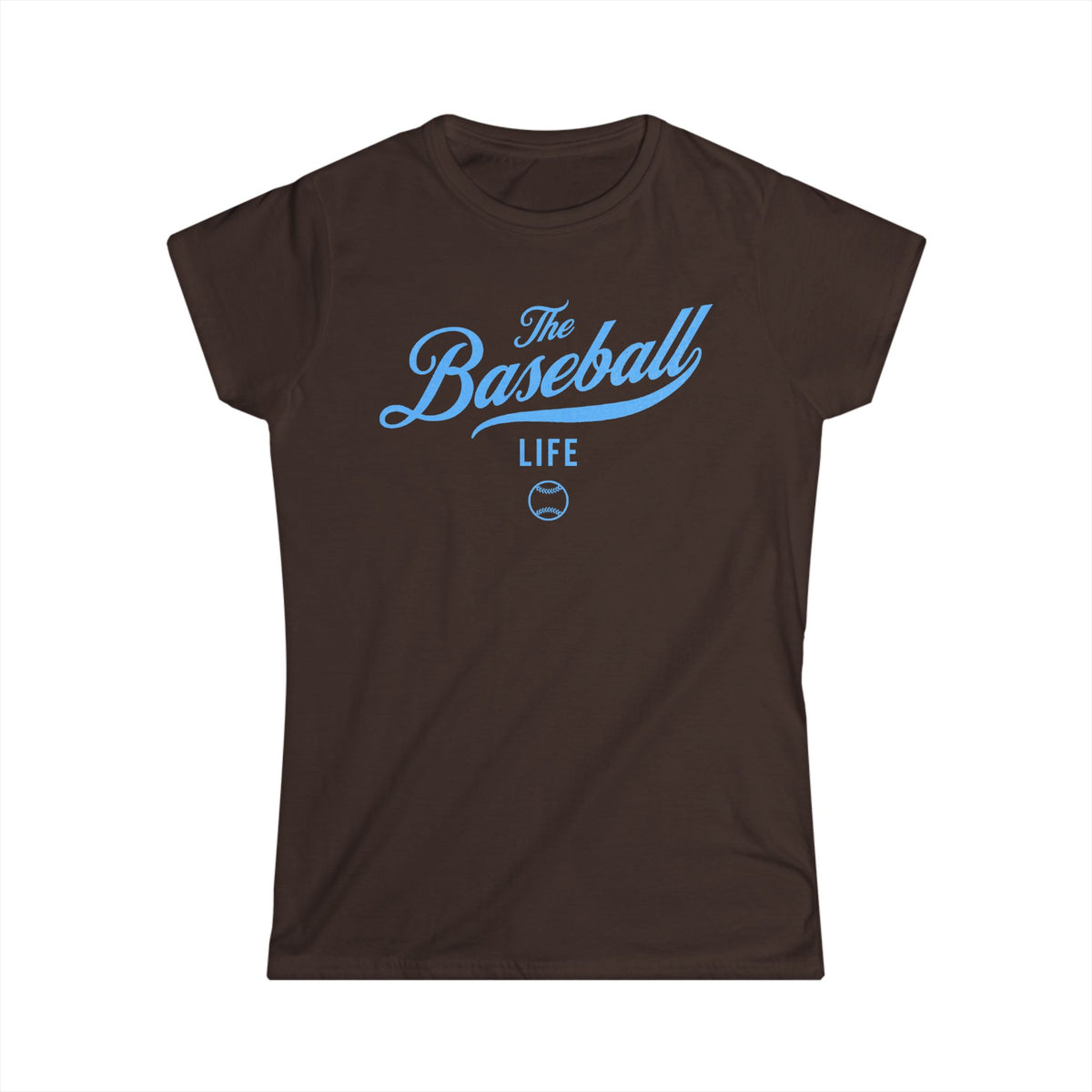 A women's chocolate brown cap-sleeve crewneck t-shirt with a Carolina Blue logo graphic on the front reading 'The Baseball Life' and a small baseball icon, displayed on a solid white background.
