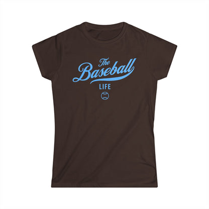 A women's chocolate brown cap-sleeve crewneck t-shirt with a Carolina Blue logo graphic on the front reading 'The Baseball Life' and a small baseball icon, displayed on a solid white background.