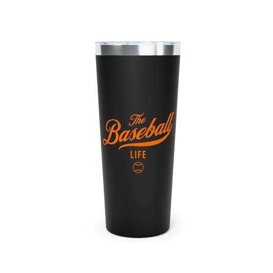 The Baseball Life 22oz Insulated Travel Tumbler_Black w Orange Print