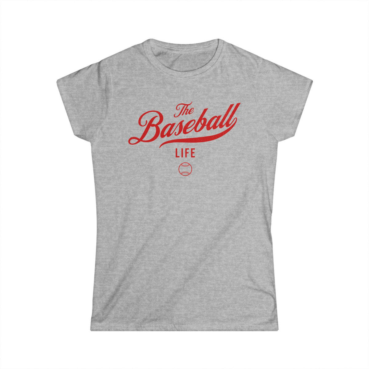 A women's sport grey cap-sleeve crewneck t-shirt with a red logo graphic on the front reading 'The Baseball Life' and a small baseball icon, displayed on a solid white background.