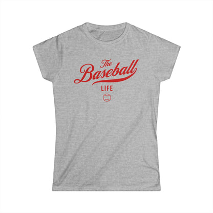 A women's sport grey cap-sleeve crewneck t-shirt with a red logo graphic on the front reading 'The Baseball Life' and a small baseball icon, displayed on a solid white background.