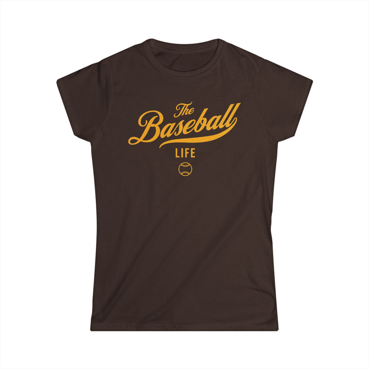 A women's chocolate brown cap-sleeve crewneck t-shirt with a yellow gold logo graphic on the front reading 'The Baseball Life' and a small baseball icon, displayed on a solid white background.
