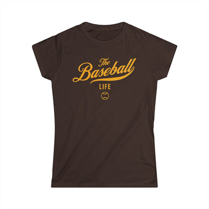 A women's chocolate brown cap-sleeve crewneck t-shirt with a yellow gold logo graphic on the front reading 'The Baseball Life' and a small baseball icon, displayed on a solid white background.