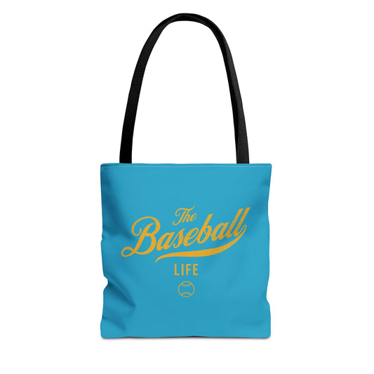 The Baseball Life Tote Bag_Turquoise w Yellow Gold Print