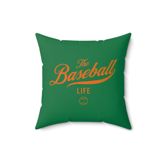 The Baseball Life Accent Pillow_Green w Orange Print