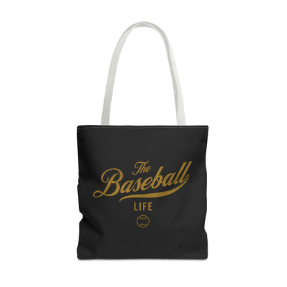 The Baseball Life Tote Bag_Black w Old Gold Print