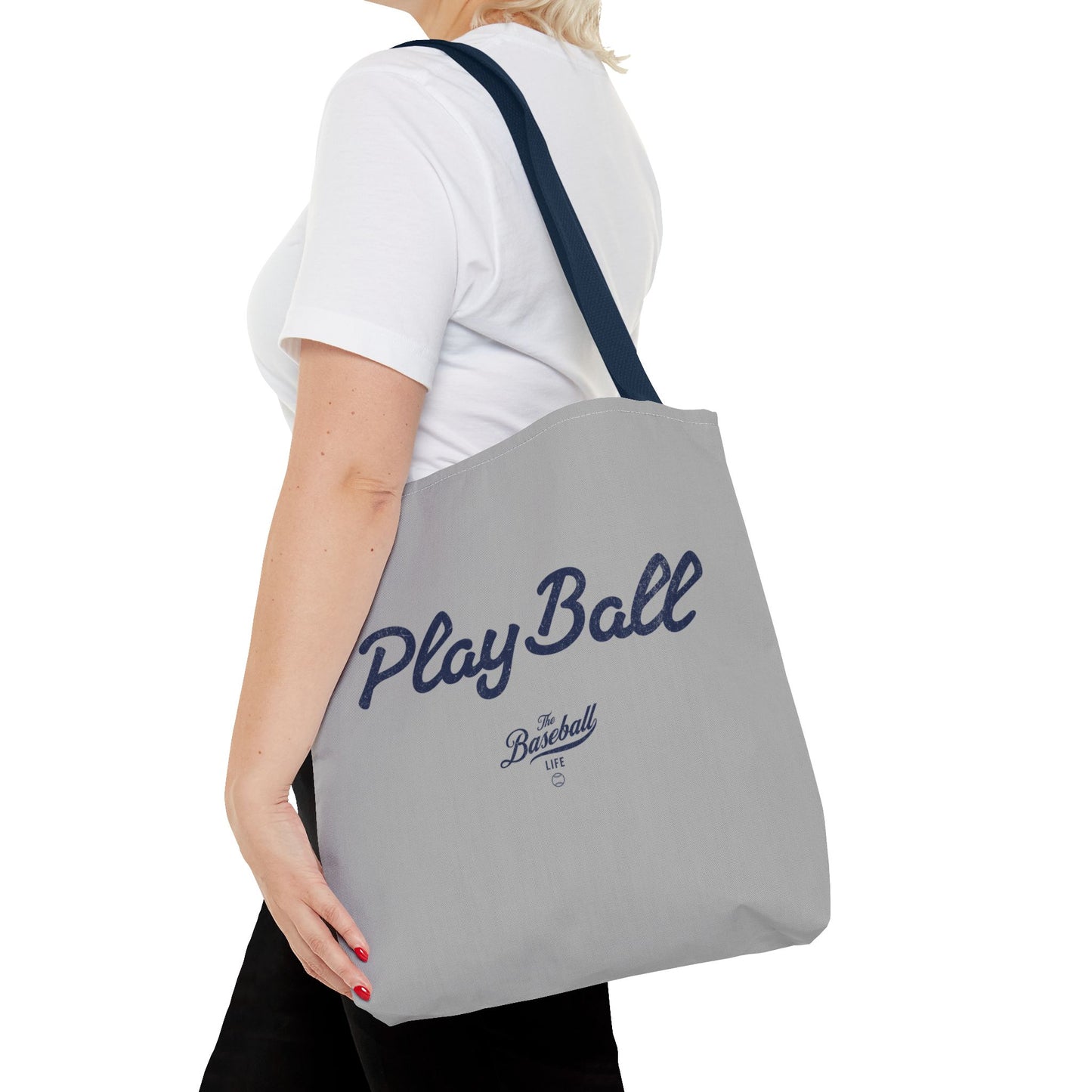 Play Ball Tote Bag_Light Gray with Navy Print