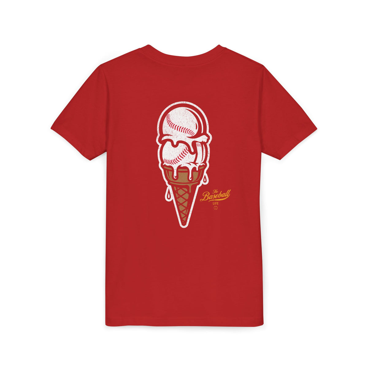 A red t-shirt with a dripping double-scoop ice cream cone made of baseballs.