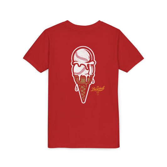 A red t-shirt with a dripping double-scoop ice cream cone made of baseballs.