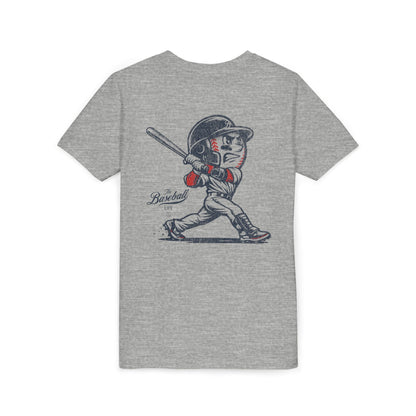 An athletic heather grey t-shirt featuring a baseball mascot hitting a home run.