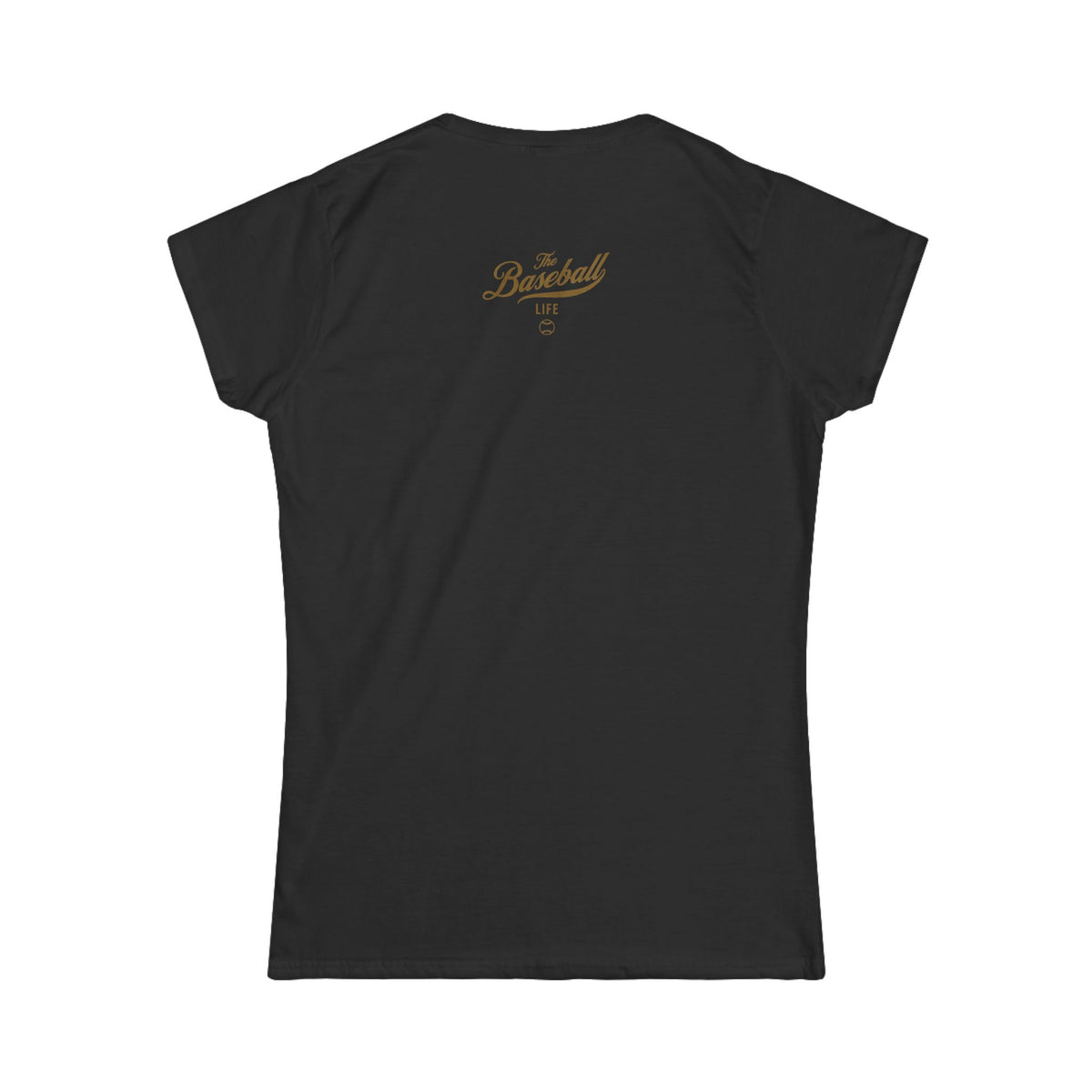 A women's black cap-sleeve crewneck t-shirt shown from the back with an Old Gold graphic reading 'The Baseball Life' and a small baseball icon, displayed on a solid white background.