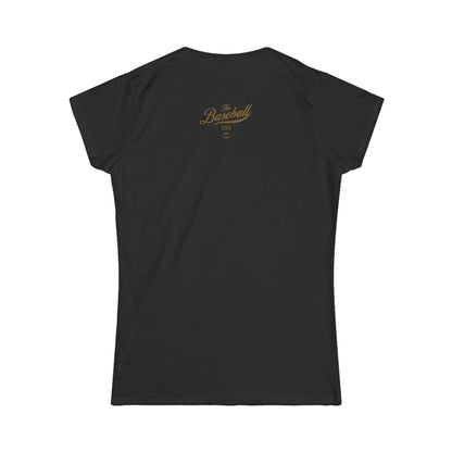 A women's black cap-sleeve crewneck t-shirt shown from the back with an Old Gold graphic reading 'The Baseball Life' and a small baseball icon, displayed on a solid white background.