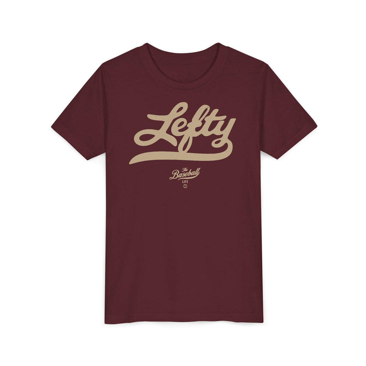A maroon youth baseball t-shirt with vintage script lettering "Lefty" printed across the chest.