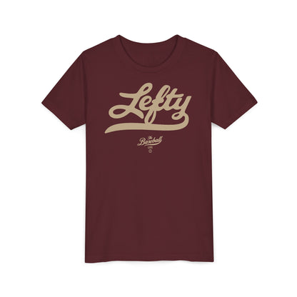 A maroon youth baseball t-shirt with vintage script lettering "Lefty" printed across the chest.
