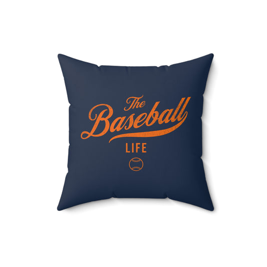The Baseball Life Accent Pillow_Navy w Orange Print