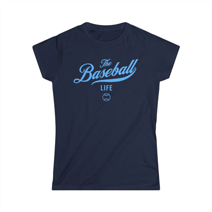 A women's navy blue cap-sleeve crewneck t-shirt with a Carolina Blue logo graphic on the front reading 'The Baseball Life' and a small baseball icon, displayed on a solid white background.