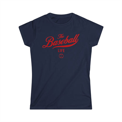 A women's navy cap-sleeve crewneck t-shirt with a red logo graphic on the front reading 'The Baseball Life' and a small baseball icon, displayed on a solid white background.