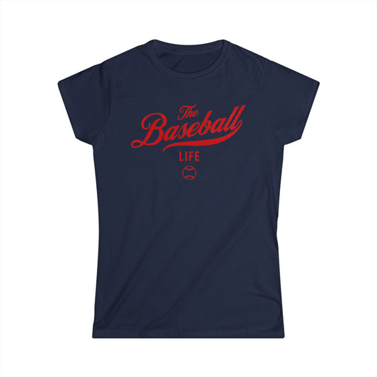 A women's navy cap-sleeve crewneck t-shirt with a red logo graphic on the front reading 'The Baseball Life' and a small baseball icon, displayed on a solid white background.