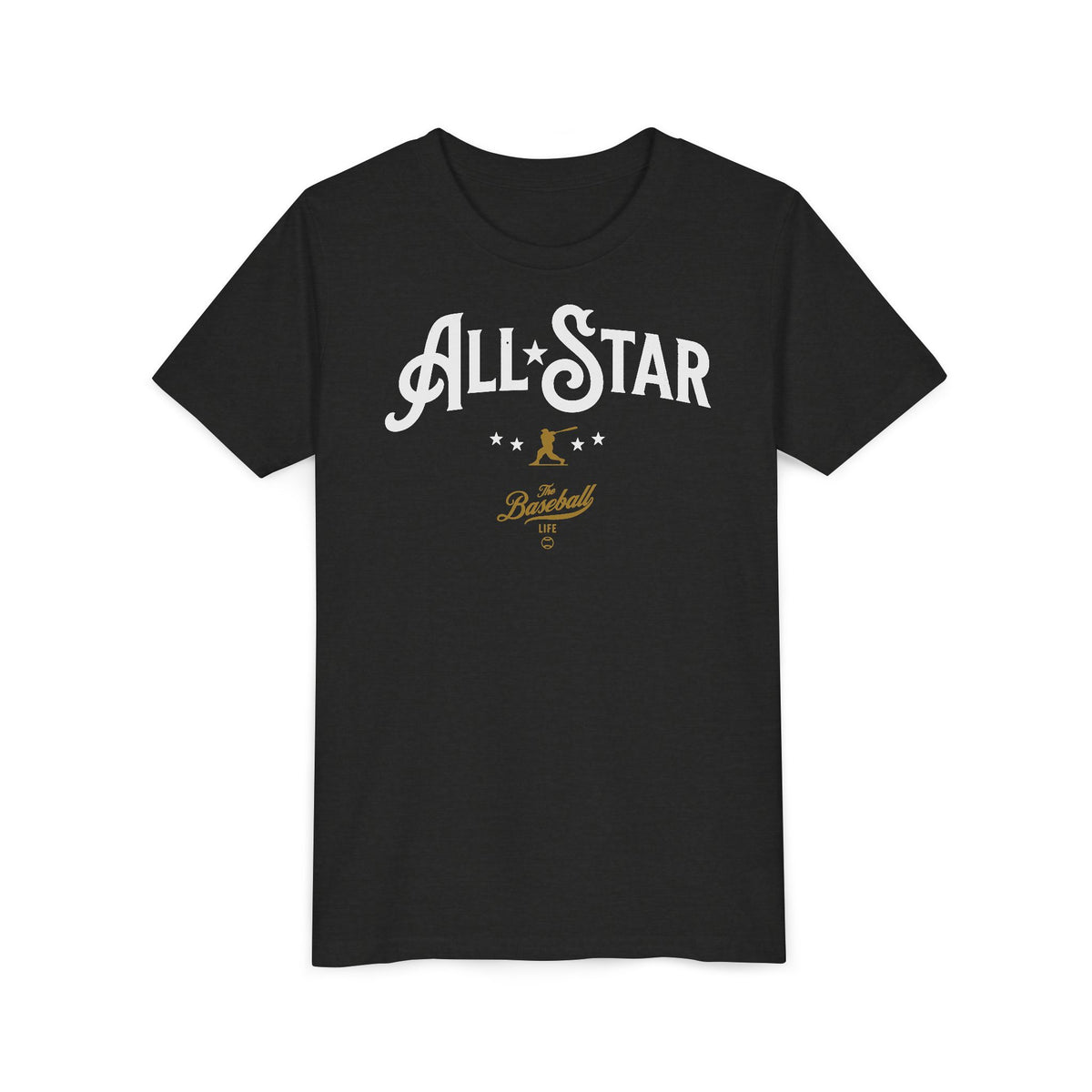 A black heather t-shirt with All-Star in vintage-style lettering across the chest, with a nostalgic baseball player and stars.