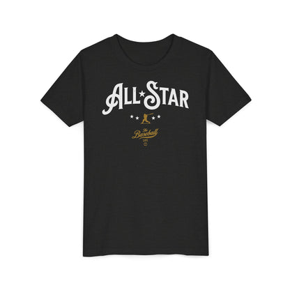 A black heather t-shirt with All-Star in vintage-style lettering across the chest, with a nostalgic baseball player and stars.