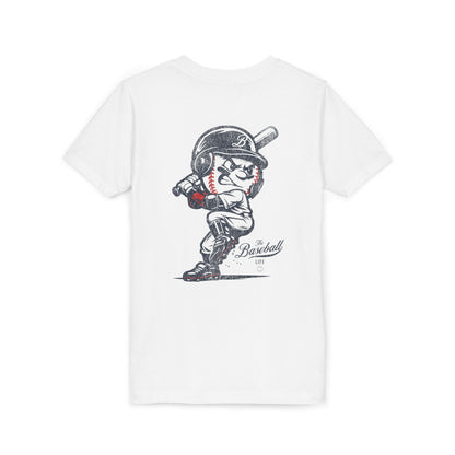 A white t-shirt with a baseball mascot batting and ready to swing.
