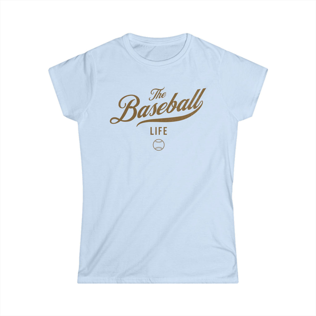 A women's light blue cap-sleeve crewneck t-shirt with an Old Gold logo graphic on the front reading 'The Baseball Life' and a small baseball icon, displayed on a solid white background.