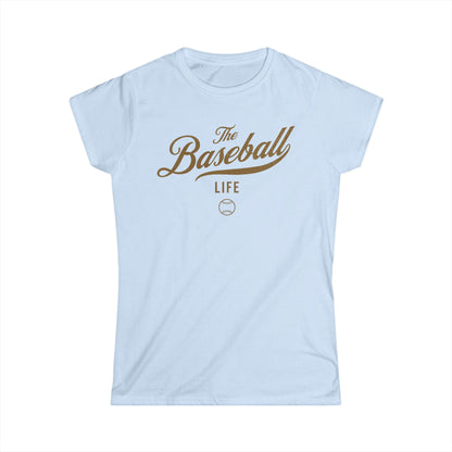 A women's light blue cap-sleeve crewneck t-shirt with an Old Gold logo graphic on the front reading 'The Baseball Life' and a small baseball icon, displayed on a solid white background.