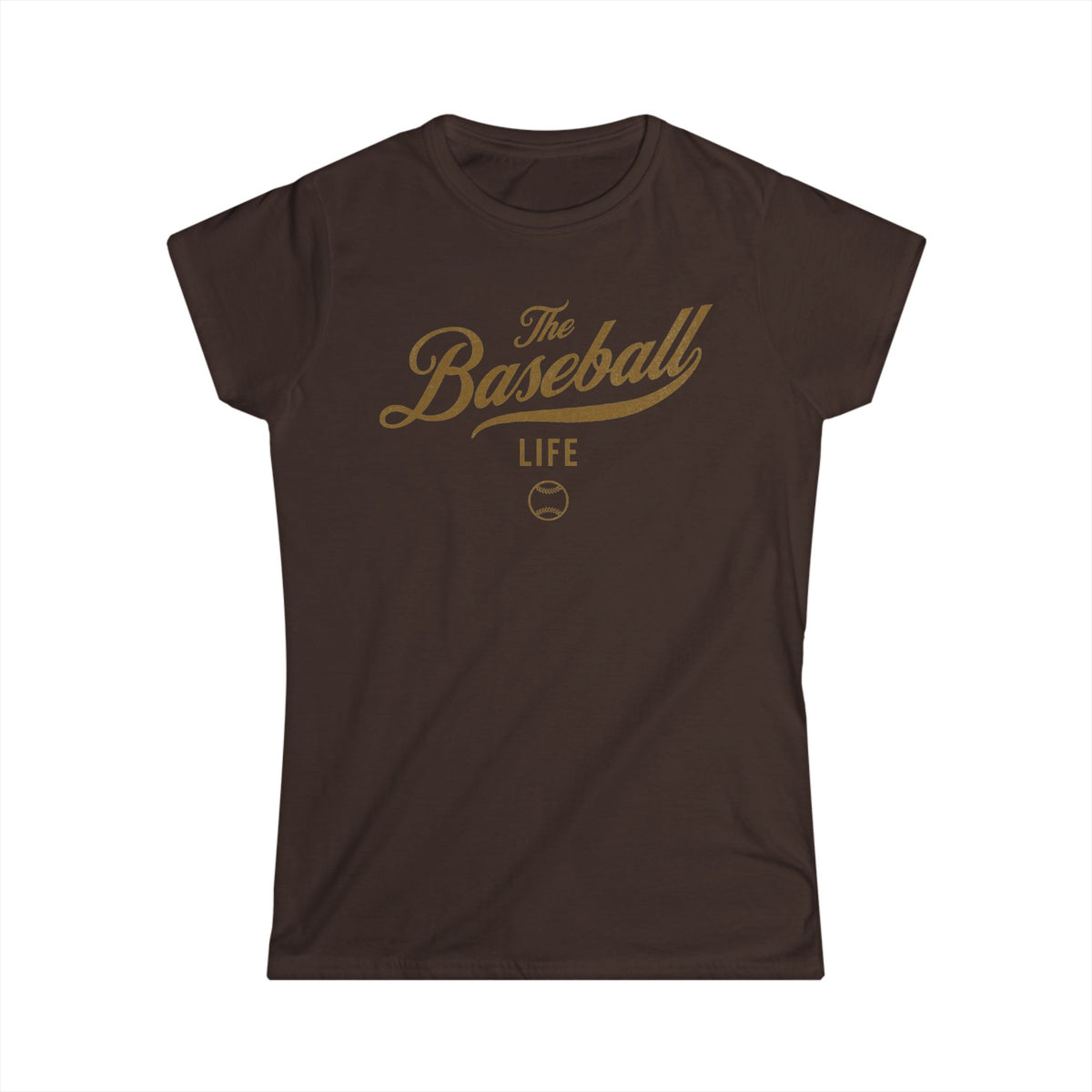 A women's chocolate brown cap-sleeve crewneck t-shirt with an Old Gold logo graphic on the front reading 'The Baseball Life' and a small baseball icon, displayed on a solid white background.