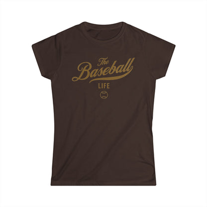 A women's chocolate brown cap-sleeve crewneck t-shirt with an Old Gold logo graphic on the front reading 'The Baseball Life' and a small baseball icon, displayed on a solid white background.