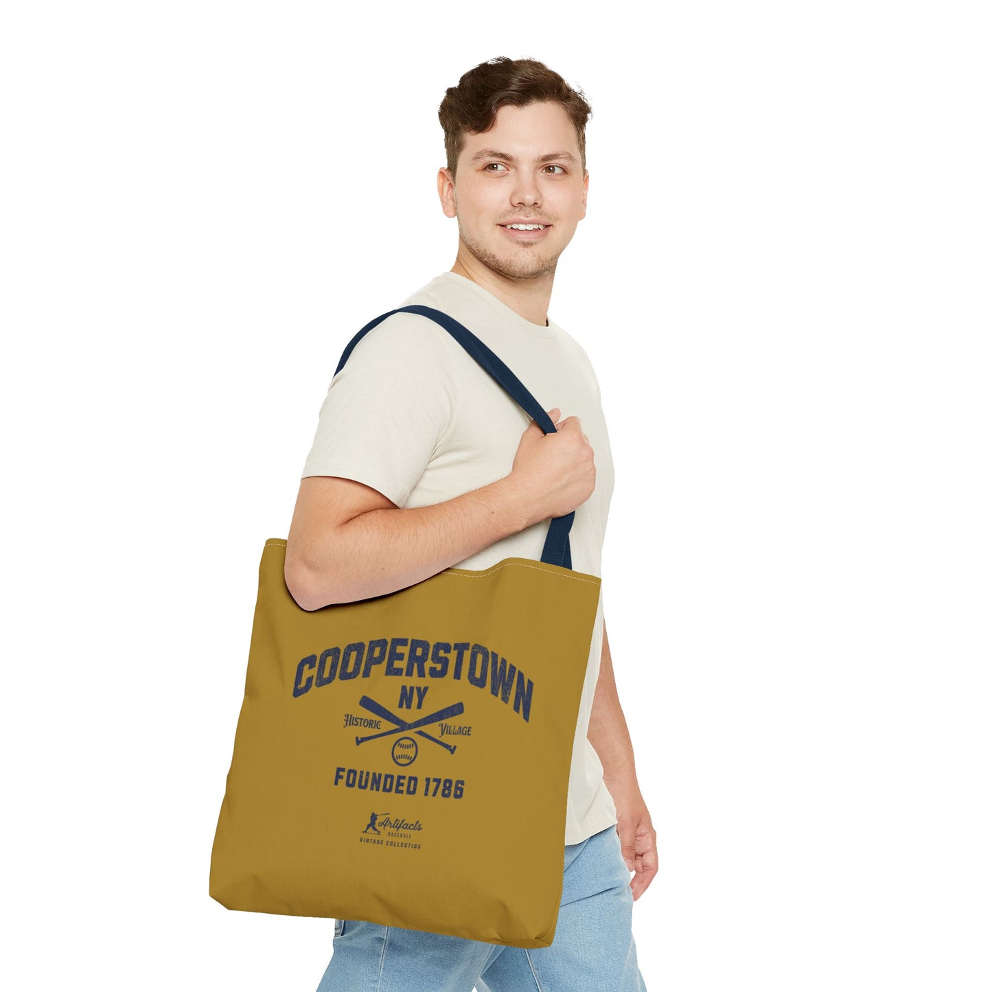 Cooperstown, NY Tote Bag_Old Gold w Navy Print