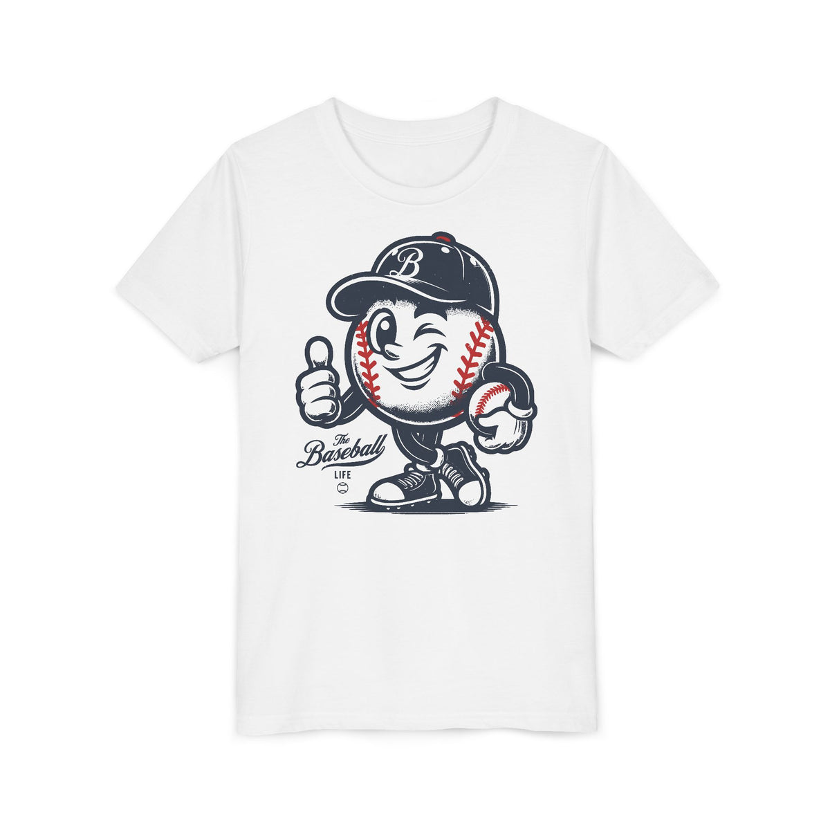 A white t-shirt featuring a vintage cartoon baseball mascot wearing a navy blue baseball cap and giving a thumbs-up.