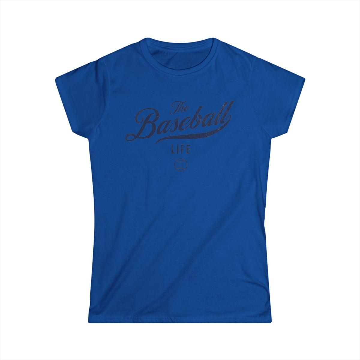 A women's royal blue cap-sleeve t-shirt with a navy blue The Baseball Life logo printed across the chest.