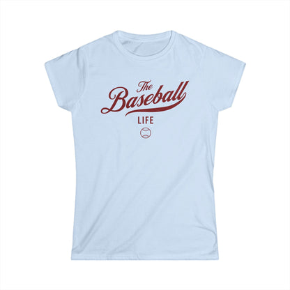 A women's light blue cap-sleeve crewneck t-shirt with a maroon logo graphic on the front reading 'The Baseball Life' and a small baseball icon, displayed on a solid white background.